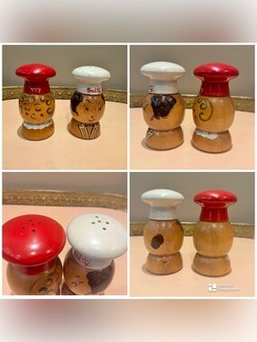 Vtg 50s  wooden salt and pepper shakers from the "Salty and Peppy" chef set